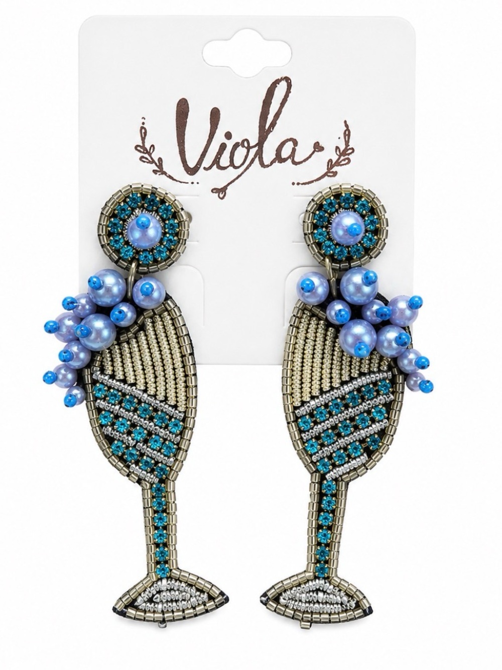 Viola Beaded Champagne Glass Statement Earrings Blue Pearl Rhinestone Cocktail P